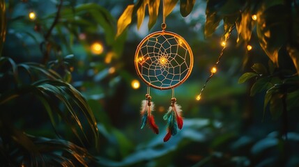 Obraz premium Ethereal Dreamcatcher Hanging in Lush Greenery with Soft Glowing Fairy Lights, Creating a Serene Atmosphere in Nature's Embrace