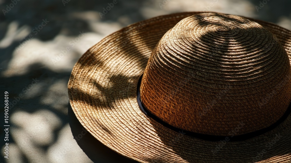 Poster sunlight casting shadows on a woven straw hat placed on a textured surface, evoking summer vibes and