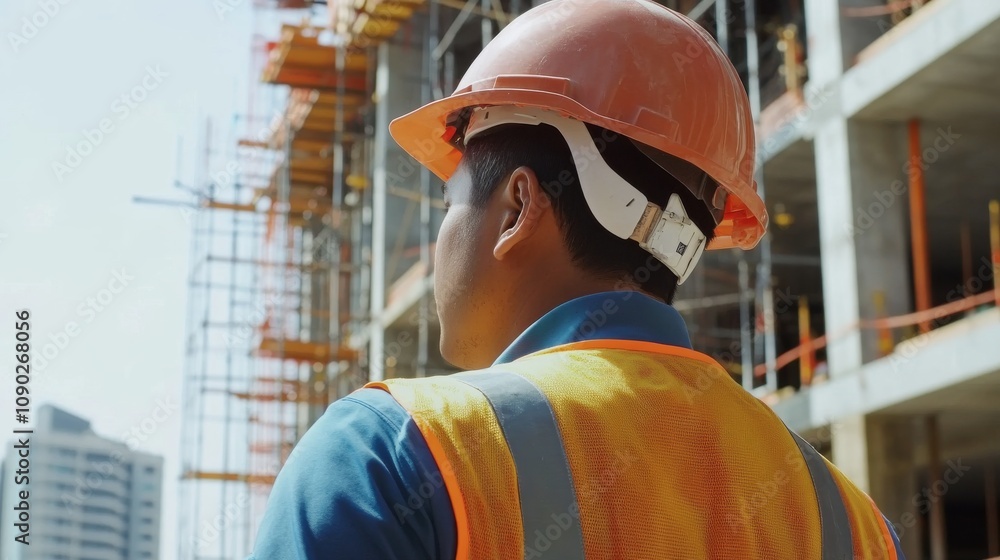 Aufkleber a close-up portrait of a construction worker inspecting rebar alignment at a bridge construction sit