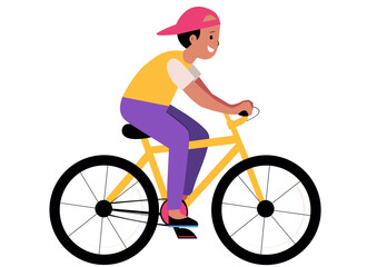 Obraz premium Vector illustration of a boy riding a bicycle, enjoying cycling as a hobby. Represents childhood activity, outdoor fun, physical fitness, and healthy lifestyle.
