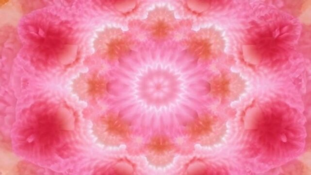 A pink flower with a white center is the main focus of the image. The flower is surrounded by a pattern of pink and orange shapes, creating a sense of depth and movement. Scene is one of beauty