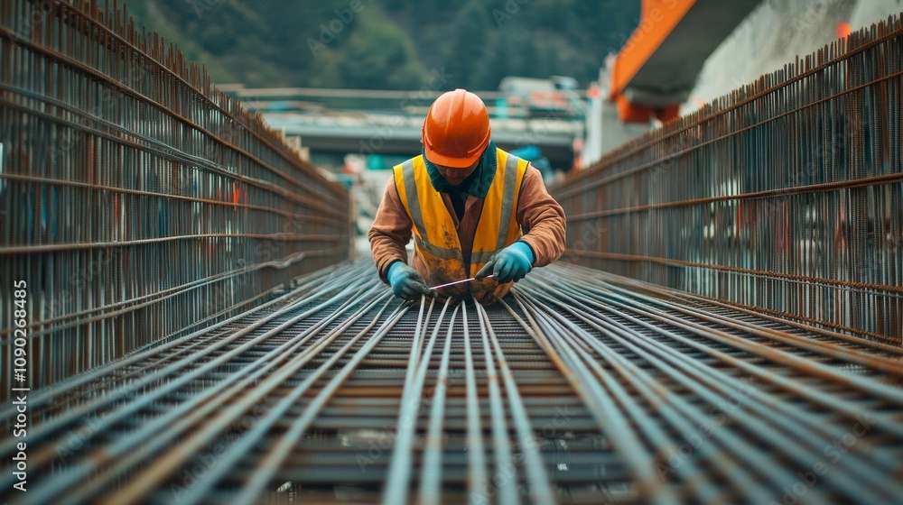 Poster A close-up portrait of a construction worker inspecting reinforcement bars at a bridge construction site, Bridge reinforcement inspection scene, Detail-oriented and technical style
