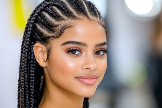 A creative African American hairstylist braiding intricate patterns in a client&acirc;&euro;&trade;s hair at a trendy salon
