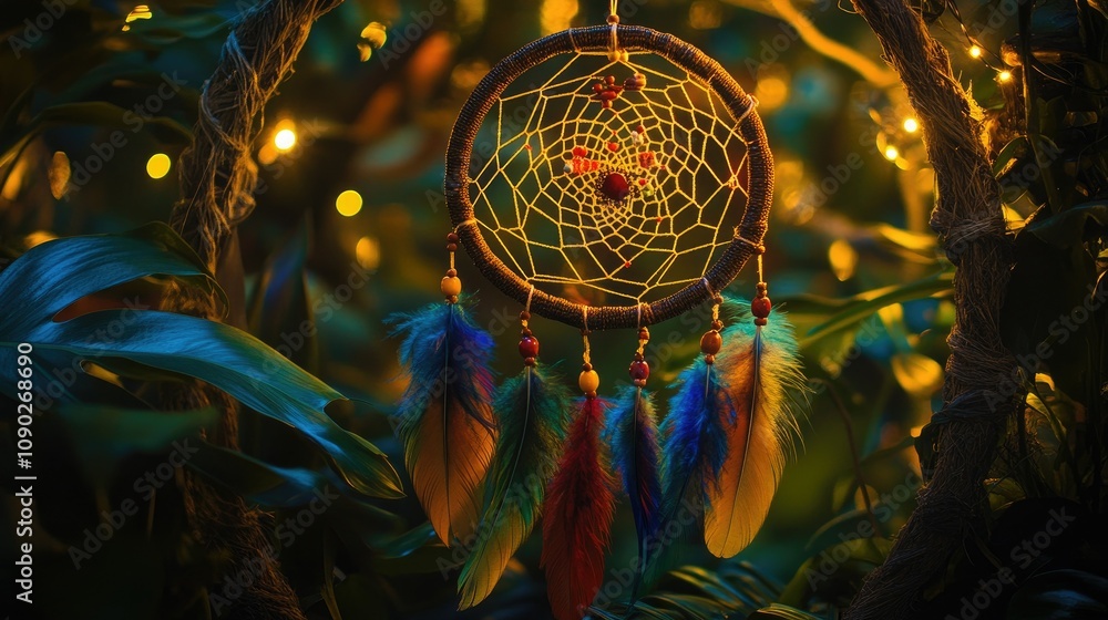 Poster Beautiful Dreamcatcher Hanging in Lush Greenery with Colorful Feathers and Soft Bokeh Lights Creating a Magical and Serene Atmosphere