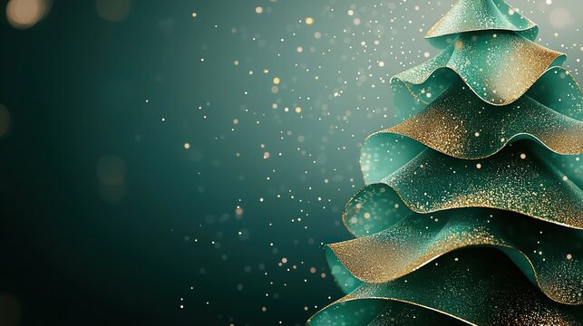 Abstract Christmas tree using overlapping shapes, emerald green with soft gold textures, elegant and modern