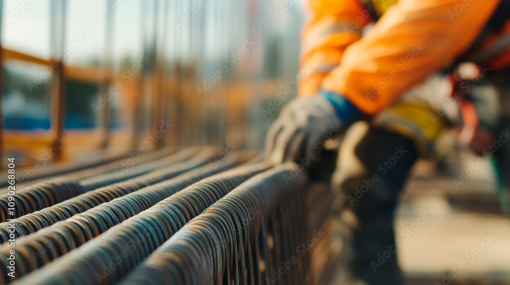 Poster A close-up portrait of a construction worker inspecting scaffolding at a high-rise building construction site, High-rise construction scaffolding inspection scene, Authoritative and detailed style