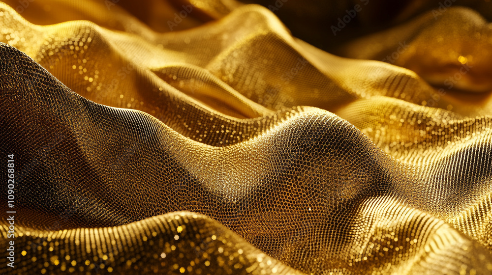 Poster golden fabric undulating in soft waves creating a shimmering effect in natural light