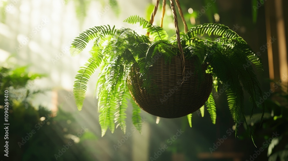 Poster lush green fern in a hanging basket illuminated by soft sunlight in a serene indoor garden setting w