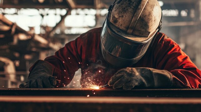 A close-up portrait of a construction worker inspecting welding joints at a shipyard, Shipyard welding inspection scene, Technical and meticulous style