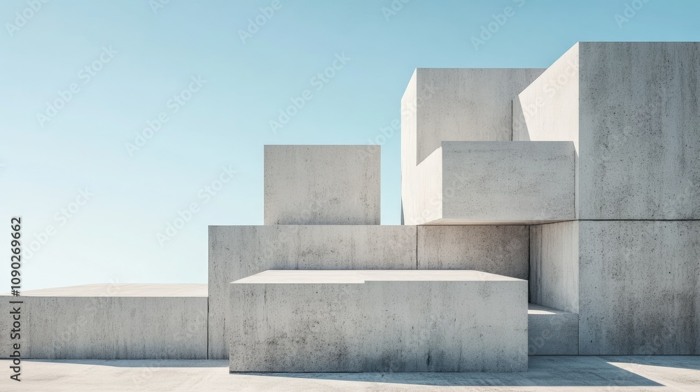 Poster abstract composition of geometric concrete shapes and blocks against a clear blue sky, symbolizing m