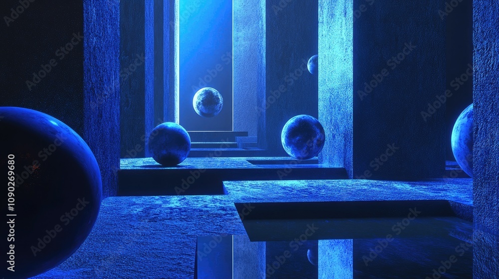 Poster abstract futuristic scene featuring floating spheres in a blue-lit corridor with geometric walls and