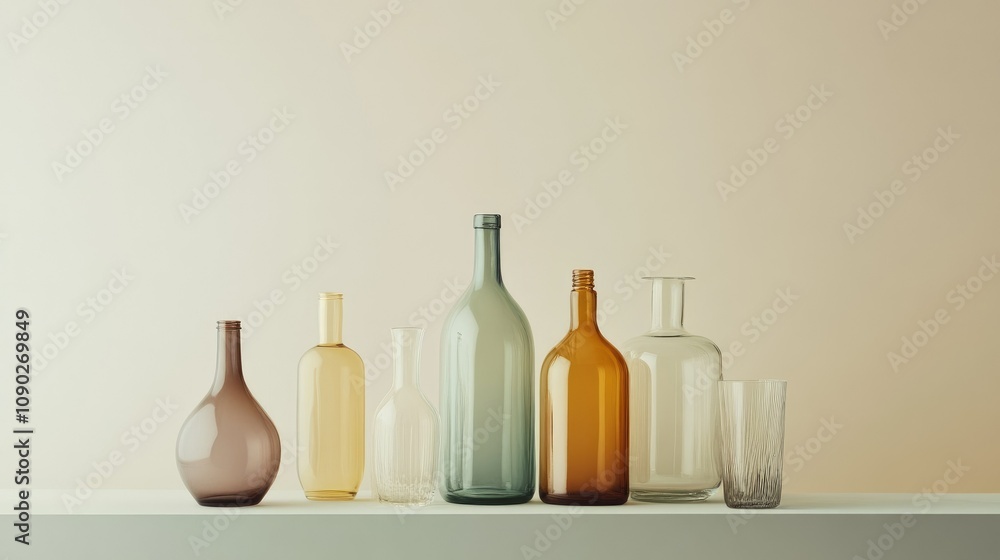 Poster a collection of elegant glass bottles displayed on a minimalist surface, showcasing unique shapes an