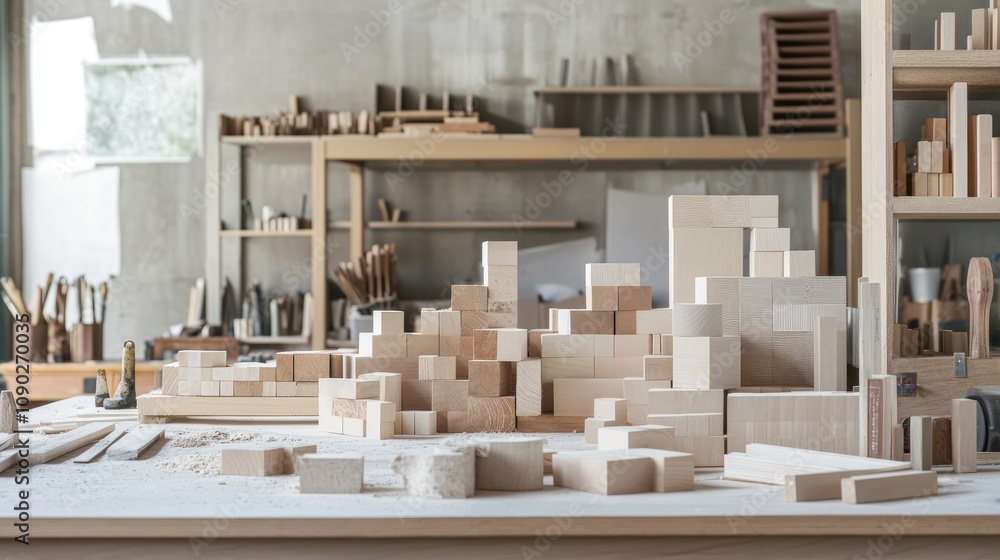 Poster a bright and airy woodworking workshop with various wood blocks in different shapes and sizes, perfe