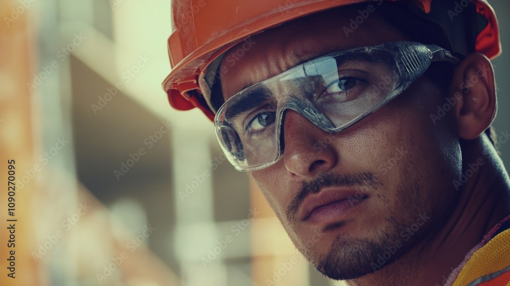 Poster a close-up portrait of a construction worker overseeing concrete pouring at a skyscraper constructio