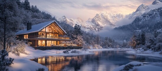 Fototapeta premium A cozy cabin nestled in a snowy mountain valley with a frozen lake.