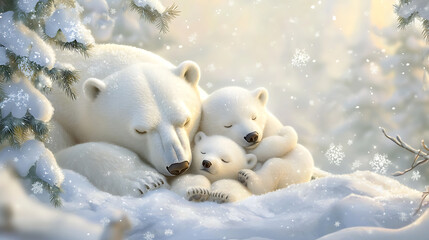 Obraz premium polar bear family cuddles together in snowy landscape, showcasing warmth and tenderness amidst falling snowflakes. This serene scene captures beauty of nature