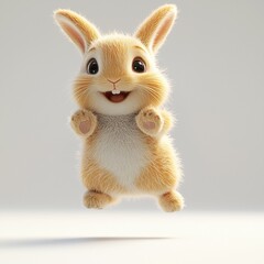 Fototapeta premium Joyful Bunny Hop: An adorable 3D rendered bunny rabbit, light brown fur, big eyes, and a cheerful expression, leaps with joy against a subtle gradient background. Its paws are outstretched.
