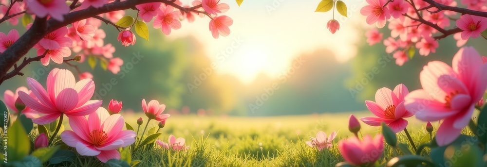 Poster a beautiful field of pink flowers with a tree in the background
