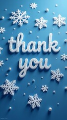 A blue background with snowflakes and the words "thank you" written in white