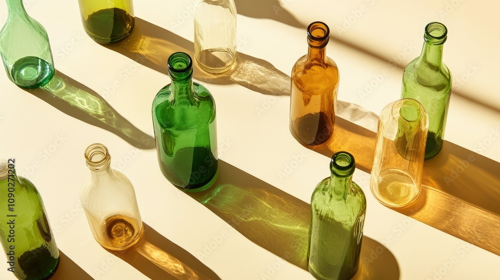 Poster a collection of colorful glass bottles displayed on a bright surface with dynamic shadows and intere