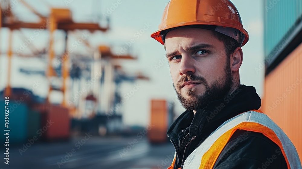 Poster a close-up portrait of a dock worker in a hard hat and safety gear, with shipping containers and cra