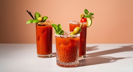 Refreshing Bloody Mary cocktails garnished with olives and mint on a light background