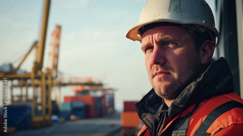 Poster a close-up portrait of a dock worker in a hard hat and safety gear, with shipping containers and cra