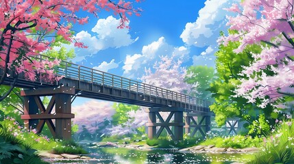 A bright spring day with a sleek bridge framed by blooming flowers and green trees