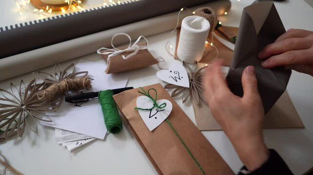 Gift wrapping with dark grey paper and white ribbon for Christmas by woman