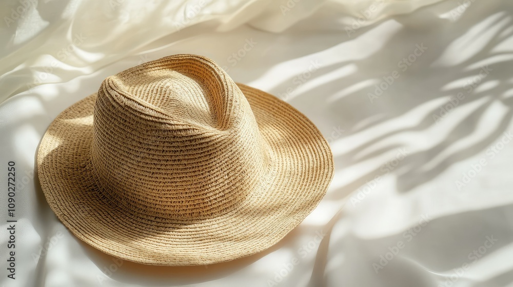 Poster softly lit straw hat on smooth fabric with gentle shadows creating a relaxed summer atmosphere for f
