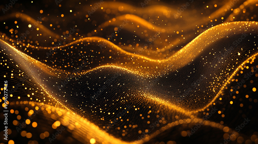 Poster swirling golden waves with shimmering particles create a mesmerizing visual experience
