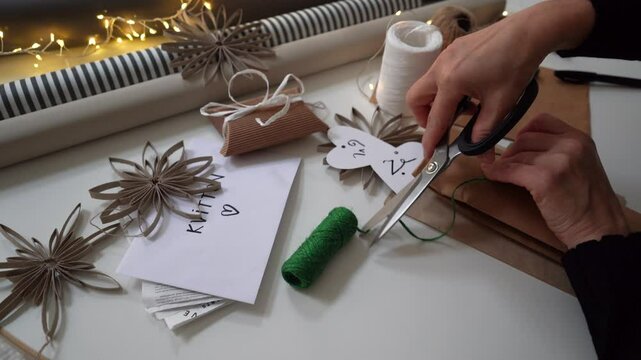 Adding heart shaped calligraphy tag to brown paper gift bag with green string