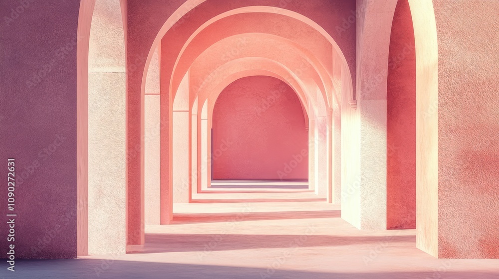 Poster serene architectural passage with soft pink arches and natural light creating a dreamy atmosphere in