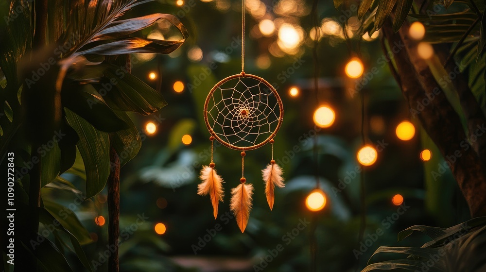 Poster Ethereal Dreamcatcher Hanging in a Lush Green Environment with Warm Lantern Lights Creating a Magical and Tranquil Atmosphere for Serenity and Reflection