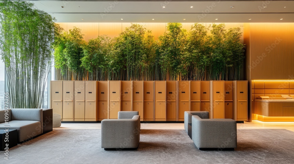 Poster modern minimalist interior design featuring elegant seating and lush bamboo greenery in an upscale s