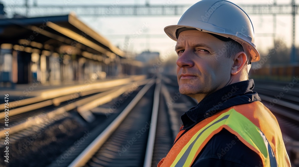 Poster a close-up portrait of a railway engineer in a hard hat and reflective vest, inspecting tracks with 