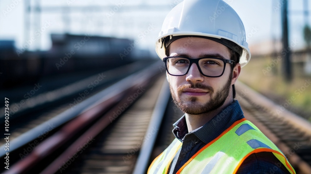 Poster a close-up portrait of a railway engineer in a hard hat and reflective vest, inspecting tracks with 