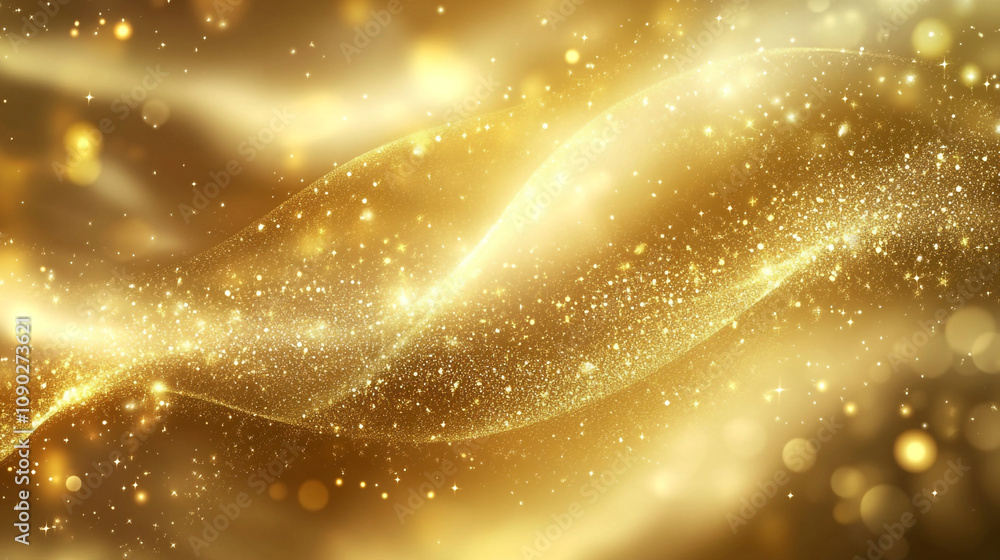 Poster golden abstract background with sparkling particles and flowing waves