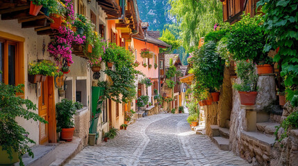 Fototapeta premium Charming cobblestone street lined with vibrant flowers in a picturesque village