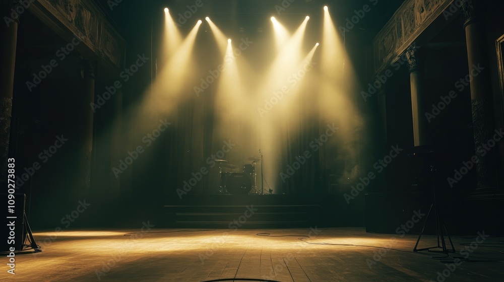 Poster dramatic stage lighting in a vintage concert hall setting with illuminated projectors and atmospheri