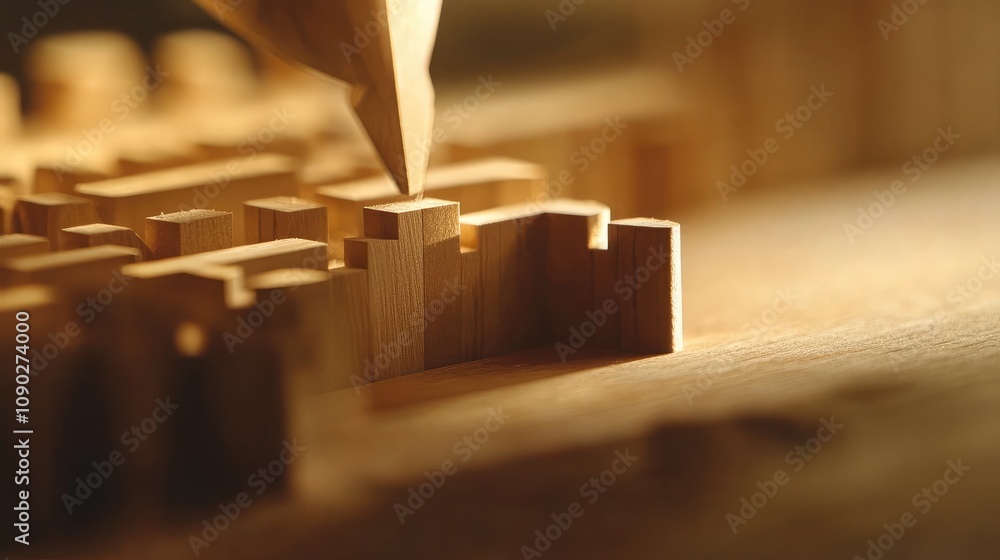 Poster close-up of wooden model assembly with pencil tip highlighting intricate details of craftsmanship on