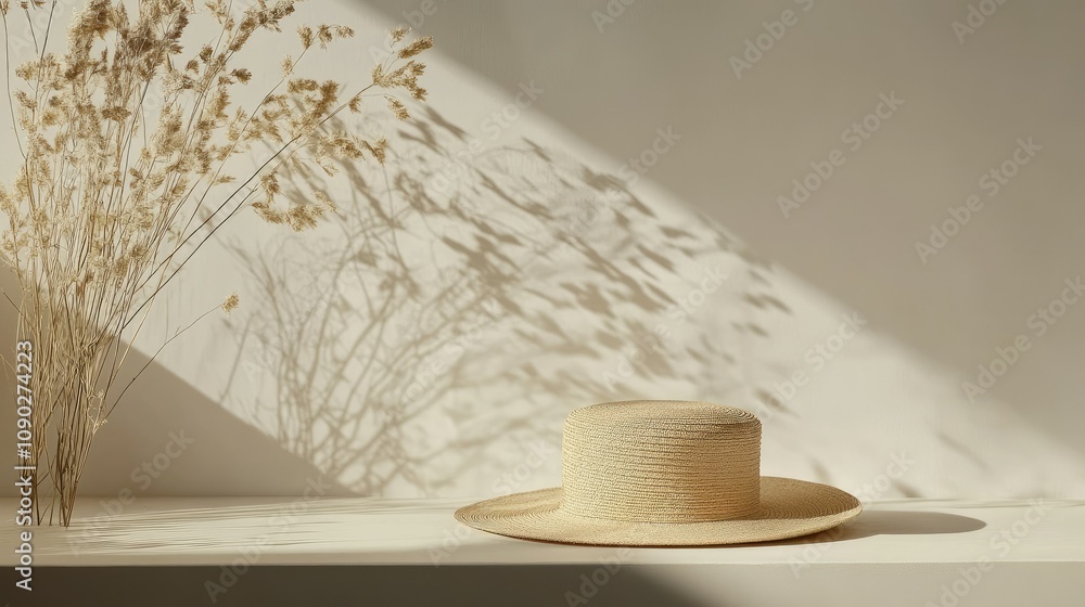 Poster minimalist display of a straw hat with delicate dried flowers casting shadows in soft natural light 