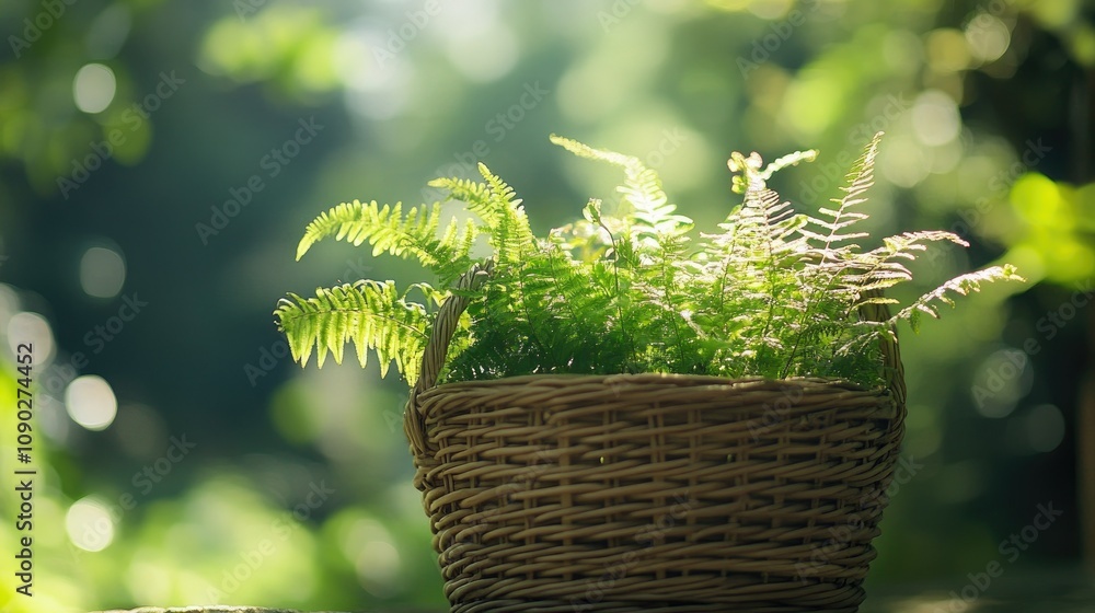 Aufkleber lush green ferns in a woven basket surrounded by natural light with a soft bokeh background creating