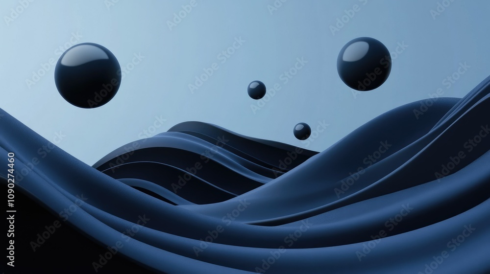 Poster abstract digital landscape with flowing waves and spheres on a soft gradient background for creative