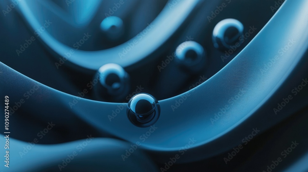 Poster abstract blue waves with glossy spheres creating a fluid motion effect and modern aesthetic in a pea