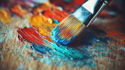 Fototapeta premium Close-Up View of Paint Brush Mixing Vibrant Colors on an Artist Palette, Showcasing Brush Strokes and Texture in an Artistic Setting