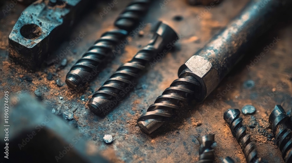 Aufkleber close-up view of various metal drill bits and tools on a rustic workbench surface with a focus on te