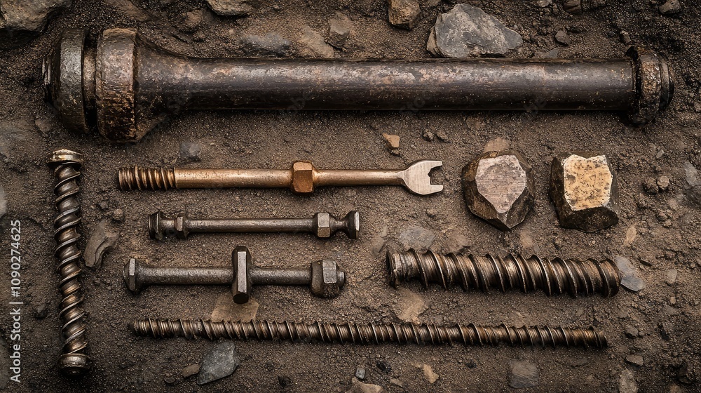 Poster collection of metallic fasteners and tools arranged neatly on rough soil surface, emphasizing indust