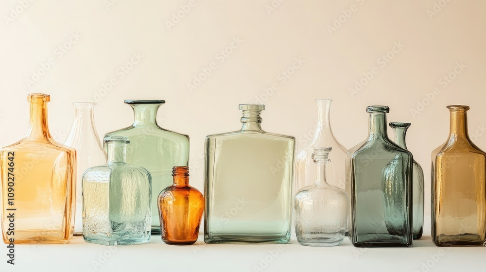 Poster collection of vintage glass bottles in various shapes and colors displayed against a simple backgrou