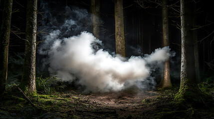 mysterious fog envelops dark forest, creating eerie atmosphere. dense trees stand tall, shrouded in mist, enhancing sense of intrigue and suspense